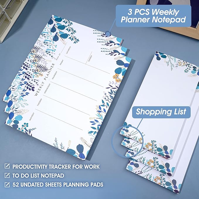 3 Pack Weekly Planner Notepad Tear Off 52 Undated Weekly Calendar Sheets To Do List Notepad Desk Planner Planning Pads Productivity Tracker for Work Goals Notes Schedule Ideas, Blue-DeskLoop Office