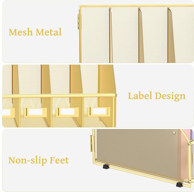 SUPEASY Desk Organizers Metal Desk Magazine File Holder with 5 Vertical Compartments Rack File Organizer for Office Desktop, Home Workspace, Gold-DeskLoop Office