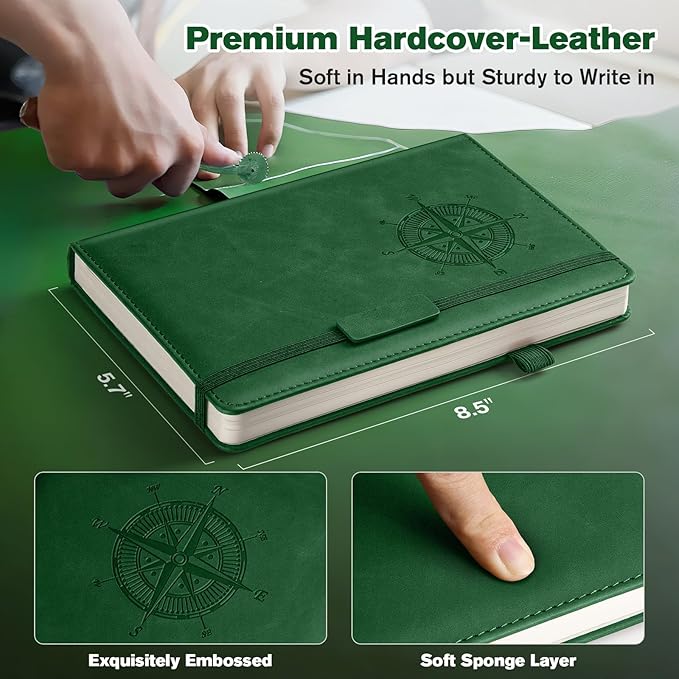 Notebook Journal for Women Men: Leather Journal for Writing, Hardcover College Ruled Journals Notebooks with Thick Paper, Large A5 Daily Journal for Travel, Diary, Gifts for Teens, 5.7"×8.5", Green-DeskLoop Office