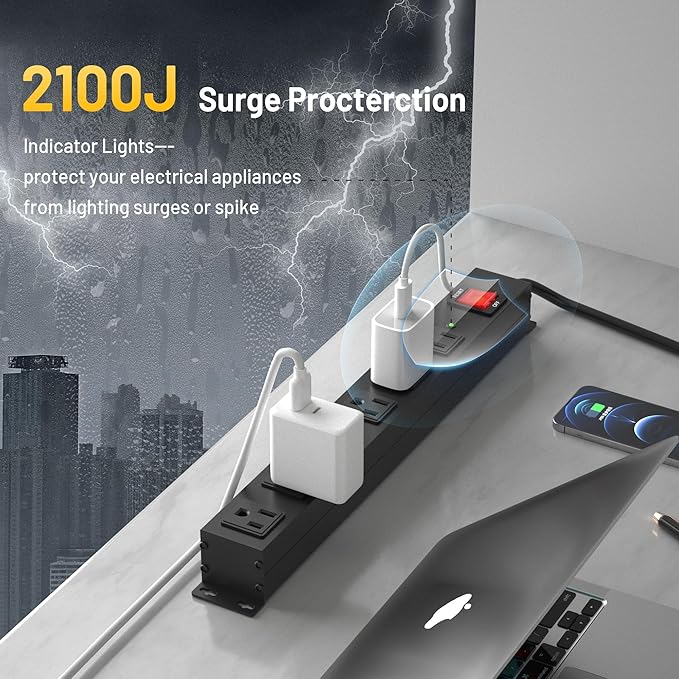 KF Matel 6 Outlet Power Strip Surge Protection 2100J, Heavy Duty Wide Space Power Strip with Flat Plug, 14AWG 6FT Extension Cord for Home, Garage, Shop-DeskLoop Office