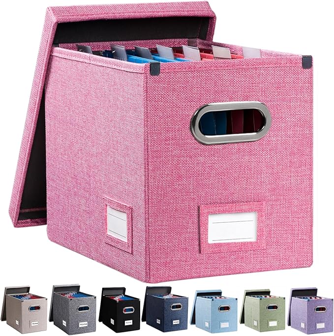 PRANDOM File Organizer Box - Set of 1 Collapsible Decorative Linen Filing Storage Hanging File Folders with Lids Office Cabinet Letter Size Pink (14x9.3x10.8 inch)-DeskLoop Office