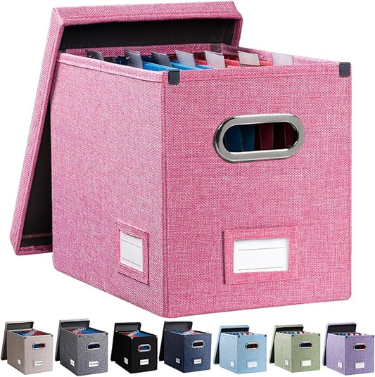 PRANDOM File Organizer Box - Set of 1 Collapsible Decorative Linen Filing Storage Hanging File Folders with Lids Office Cabinet Letter Size Pink (14x9.3x10.8 inch)-DeskLoop Office