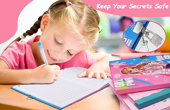 Girls Diary with Lock for Kids, 7x5.25 Inches 160 Lined Pages Secret Pink Girly Notebook for Girls Journal with Lock for Kids Pre School Writing Drawing Cute Girls Gifts for Birthday-DeskLoop Office