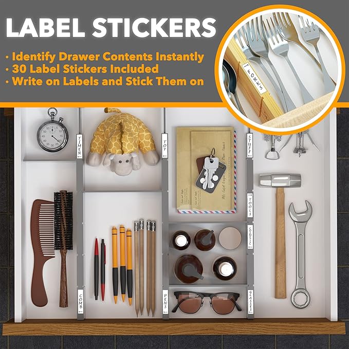 SpaceAid Bamboo Drawer Dividers with Inserts and Labels, Kitchen Adjustable Drawer Organizers, Expandable Organization for Home, Office, Dressers, 4 Dividers with 9 Inserts (17"-22" Gray)-DeskLoop Office