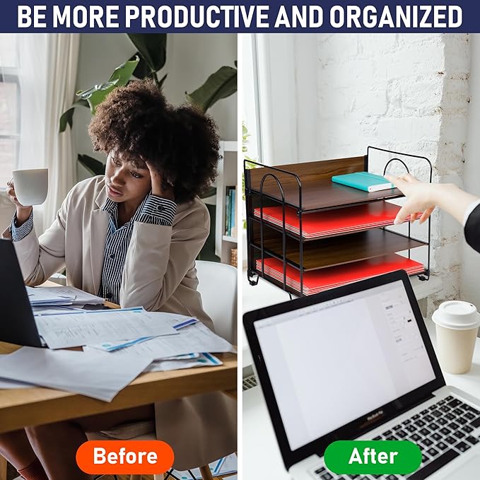 4-Tier Office Organizer, Desk File Organizer with Wood Patterned Shelves, Office Supplies Desktop Organization for Storage of Paper, Bills, Letters, Multi-Functional Desk Organization and Accessories-DeskLoop Office