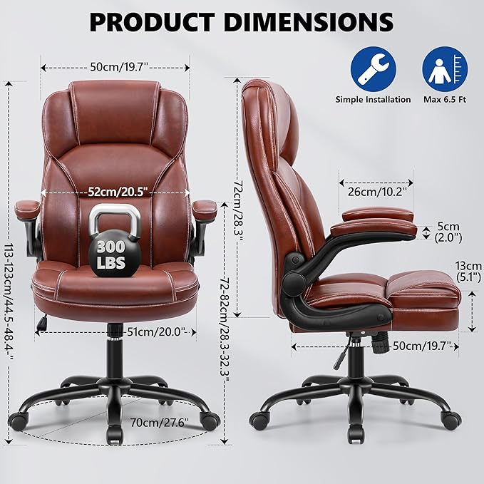 PU Leather Executive Office Chair, Ergonomic Mid-Back Computer & Gaming Chair with Adjustable Height, Rolling Swivel & Flip-Up Armrests, Comfy Padded Seat for Home Office-Brown-DeskLoop Office