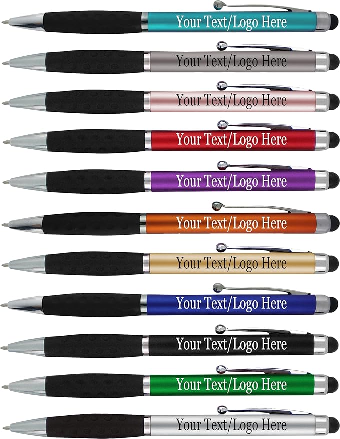 Personalized Pens With your Custom Logo or Text-600 Pack Bulk-for Businesses, Parties, and Events, 2 in 1 Ballpoint Pen & Stylus for Touchscreen Devices, L'Blue Barrel, Black Ink