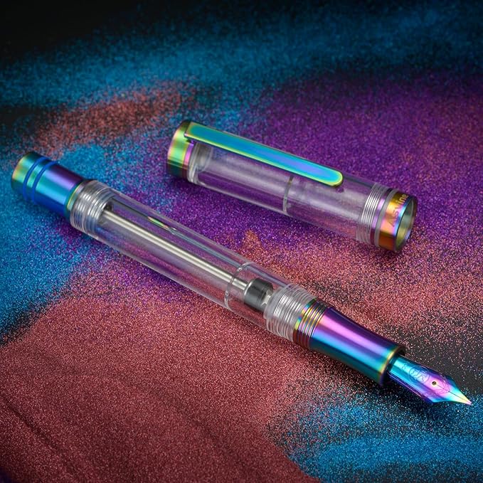 Asvine V200 Titanium Fountain Pen Vacuum Filling, Rainbow Bock Fine Nib Transparent Acrylic Smooth Writing Pen Case Set-DeskLoop Office