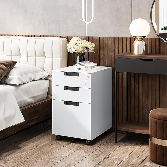 3 Drawer Vertical File Cabinets, Mobile Filling Cabinet with Lock for Legal/Letter Size, Pre-Built Office Storage File Cabinet with Wheels Under Desk - Fully Assembled-DeskLoop Office