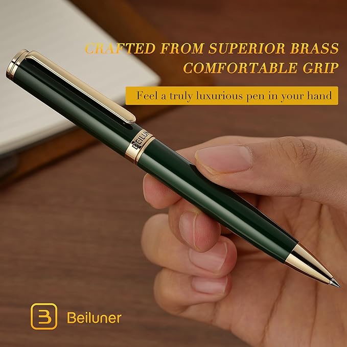 BEILUNER Luxury Gel Pen with 24K Gold Finish, Green Piano Lacquer, Luxury Grade Craftsmanship, Fancy Pen Gift Set for Men and Women, Graduation Gift, Executive, Office, Retractable, Nice Pen Set-DeskLoop Office