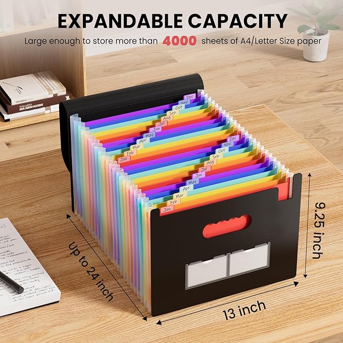 Sooez 24 Pockets Expanding File Folder with Blank Labels, According File Organizer with Expandable Cover, Desktop Accordion Folders Letter A4 Paper Document Storage Organizer, Red-DeskLoop Office