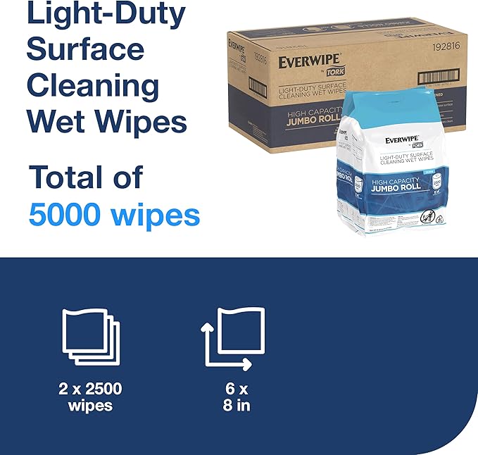 Everwipe by Tork Light-Duty Surface Cleaning Wet Wipe Jumbo Rolls White W12, Cleans and Deodorizes, 2 x 2500 wipes, 192816-DeskLoop Office