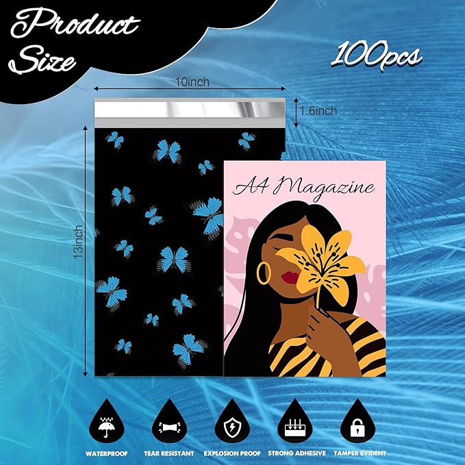 butterfly Poly Mailer 10x13 Inch 100 Pcs, Waterproof Shipping Bags for Clothing, Tear-Resistant Mailier Bags, Strong Mailing Bags with Self-Seal-DeskLoop Office