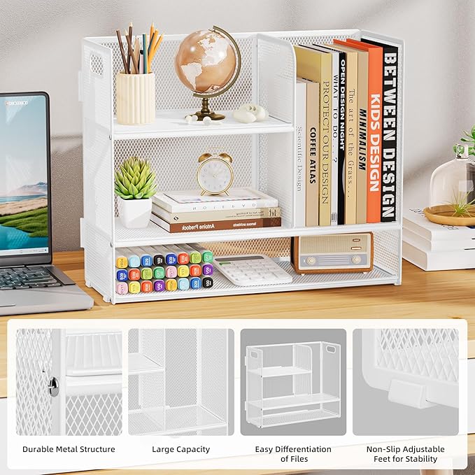 Marbrasse 3-Tier Desk Shelf Organizer with Handle, Desktop Bookshelf File Holder, Mesh Display Shelf Organizer Storage Rack for Office, Home, Supplies, Kitchen (White)-DeskLoop Office