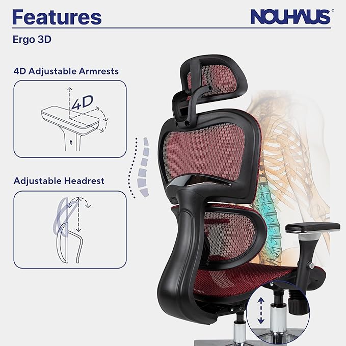 Nouhaus Ergo3D Ergonomic Office Chair Lumbar Support Mesh Office Chair with 4D Adjustable Armrest, Adjustable Headrest and Wheels, Mesh High Back Home Office Desk Chairs(Burgundy)-DeskLoop Office