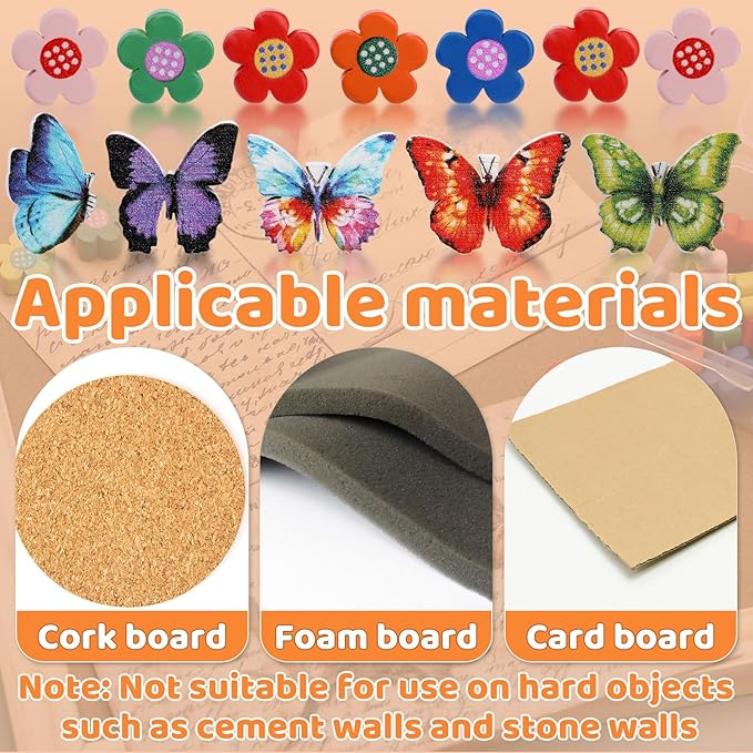 80 Pcs Push Pins for Cork Board, Decorative Thumb Tacks Wooden Push Pins Head Pin Wood Map Tacks Pin, Wood Thumb Tacks for Bulletin Boards Craft Projects with Storage Box-Flower and Butterfly-DeskLoop Office