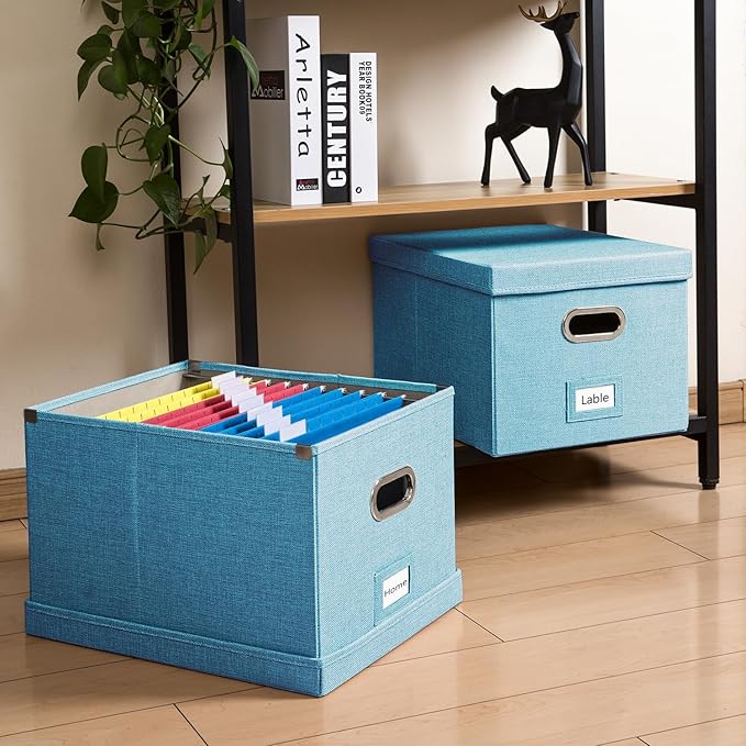 PRANDOM File Organizer Box - Set of 4 Collapsible Decorative Linen Filing Storage Hanging File Folders with Lids Office Cabinet Letter/Legal Size Blue 17.1x14x11.1 inch-DeskLoop Office