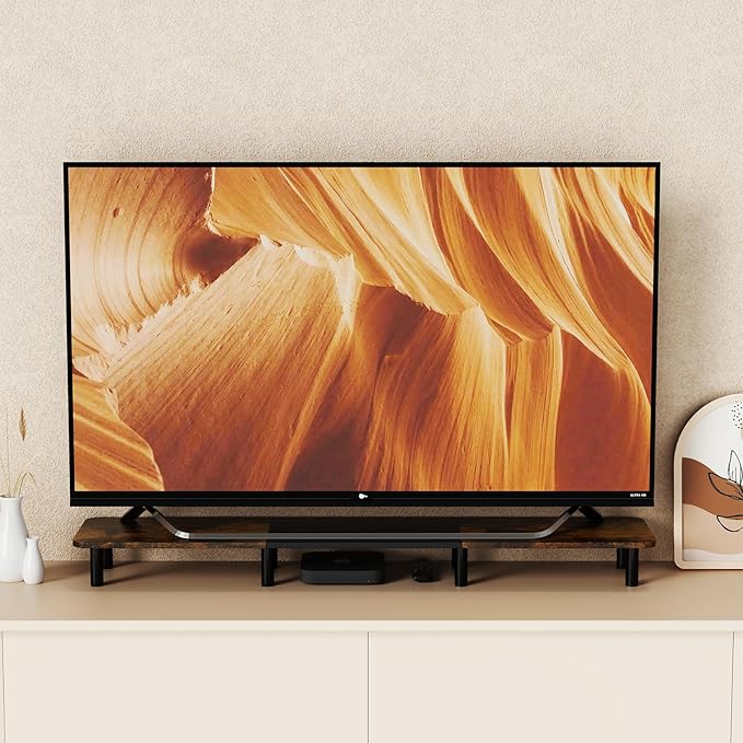 43.7" Extra Long Dual Monitor Stand Riser, Wood & Steel Monitor Stand for 2 Monitors, Wide TV Stand, Desktop Riser for Desk Organization, Home Office、Laptop,Printer,TV (Vintage black)-DeskLoop Office