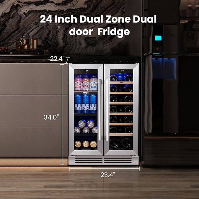 Yeego Wine & Beverage Refrigerator, 24 Inch 60 Cans and 20 Bottles Dual Zone Wine Cooler with Glass Door, 36-72°F Drink Cooler for Built-in or Freestanding, For Kitchen,Bar or Office-DeskLoop Office