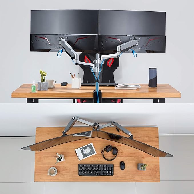 AVLT Dual 13"-27" Stacked Monitor Arm Desk Mount - Fits Two Flat/Curved Monitors, Full Motion Height Swivel Tilt Rotation Adjustable - VESA/C-Clamp/Grommet/Cable Management-DeskLoop Office