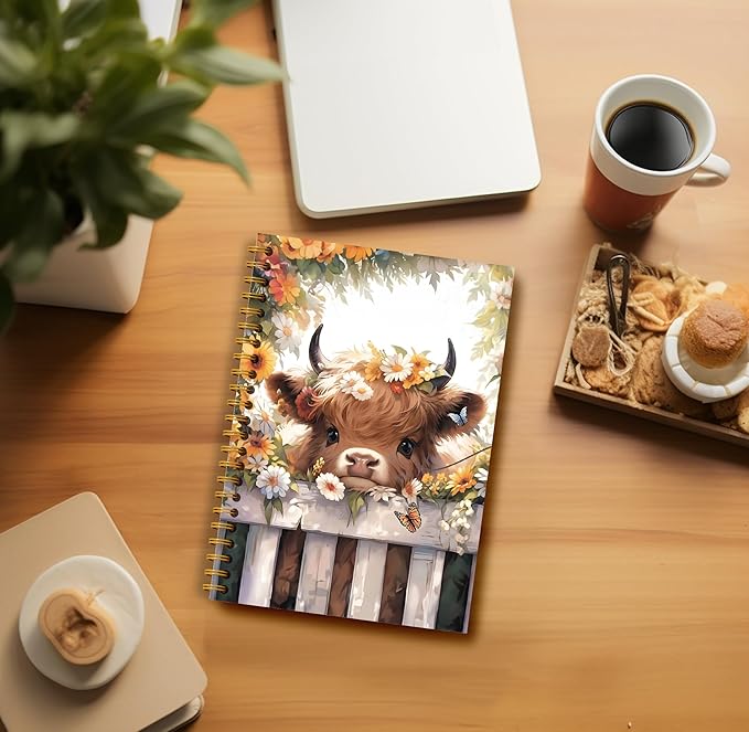 Floral Highland Cow Notebook - Western Cow Notebook, Highland Cow Office Supplies, Highland Cow Gifts, Cow Lover Gifts, Cute Cow Stuff, Cute Daisy Flower Highland Cow Spiral Notebook 5.5x8.3-DeskLoop Office