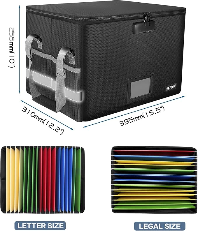 ENGPOW File Box with Lock, Fireproof Document Box with Pockets, Collapsible File Organizer Filing Storage Cabinet with Handle, Portable Home Office Safe for Hanging Letter/Legal Folders,Black,2 Pack-DeskLoop Office