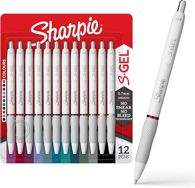 Sharpie S-Gel Pens, Fashion Barrel Gel Pens, Pearl White Body, Medium (0.7mm) Point, Bold Ink Colors, 12 Count-DeskLoop Office