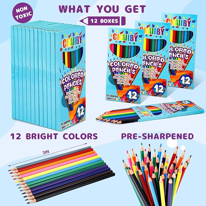 Premium Colored Pencils, Soft Core, 144 Count (Pack of 12), 12 Colors Pre-sharpened Color Pencils Bulk, Back to School Supplies, Classroom Prizes-DeskLoop Office