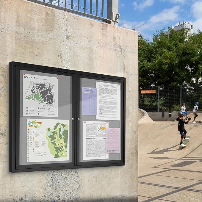 SWANCROWN Enclosed Bulletin Board 48x36in, Outdoor Bulletin Board Weatherproof for Office School Commerce, Grey Felt, Black Aluminum Frame-DeskLoop Office