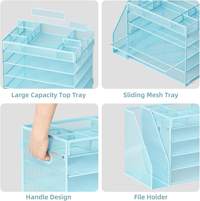 Marbrasse 5-Tier Desk Organizer with File Holder,Paper Letter Tray Organizer,Desktop File Organizer with Adjustable Compartments,Mesh Desk Organizers and Accessories for Office Supplies,Blue-DeskLoop Office
