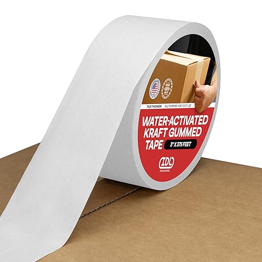 IDL Packaging 3" x 375 feet Reinforced Water-Activated Kraft Gummed Tape 70lb Thickness - Secure Paper Packing Tape for Secure Carton Sealing - Heavy-Duty for All Conditions, White-DeskLoop Office