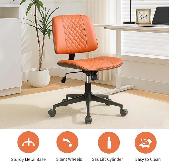 Armless Orange Home Office Chair – Mid-Back PU Leather, Adjustable Height Desk Chair with Swivel Wheels, Walnut Frame for Small Space Study or Bedroom-DeskLoop Office