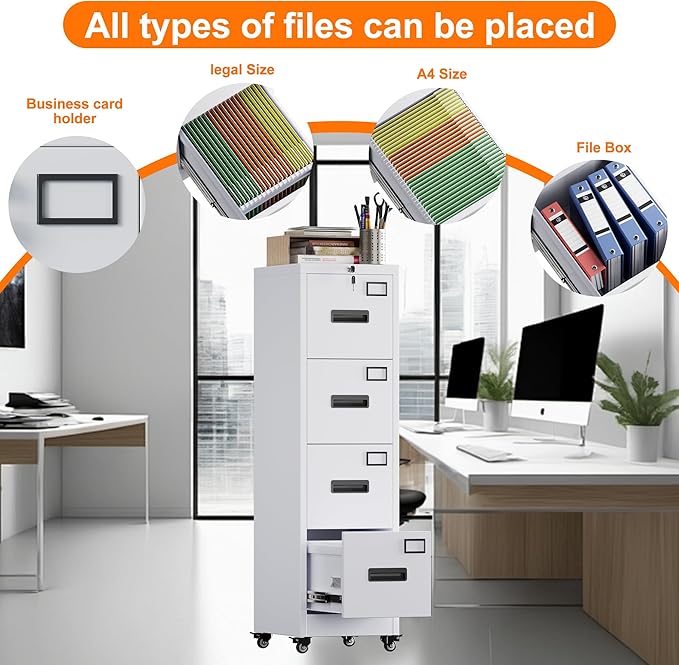 Aobabo 56" H 4 Drawer Moblie Office File Cabinet with Lock, Rolling Metal Filing Storage Cabinet, Legal/Letter A4 Size, White, Assembly Required-DeskLoop Office