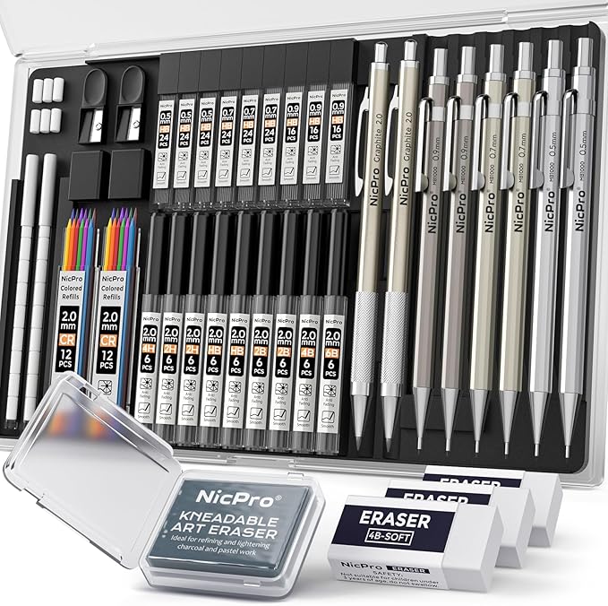 Nicpro 37PCS Art Mechanical Pencil Set, Metal Drafting Pencils 0.5 mm, 0.7 mm, 0.9 mm & 2mm Lead Pencil Holder (6B 4B 2B HB 2H 4H Colors) For Sketching Drawing With 20 Tube Lead Refills Eraser Case-DeskLoop Office