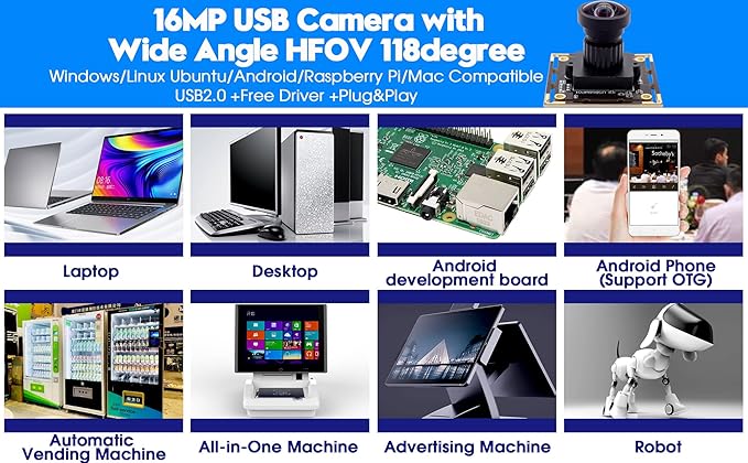 ELP 16MP Wide Angle USB Camera Module for Raspberry Pi and Computer 4K Mini UVC USB2.0 Video Webcam Board with 118degree No Distortion Lens IMX298 Industrial PC Lightburn Camera for Laptop,Jetson Nano-DeskLoop Office