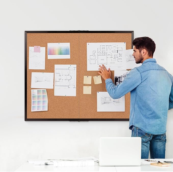 Board2by Extra Large Cork Bulletin Board 48" X 48", Foldable Notice Pin Board for Wall, Black Wood Framed 4'x4' Corkboard, Wall Mounted Noticeboard with 32 Push Pins for School, Home & Office-DeskLoop Office