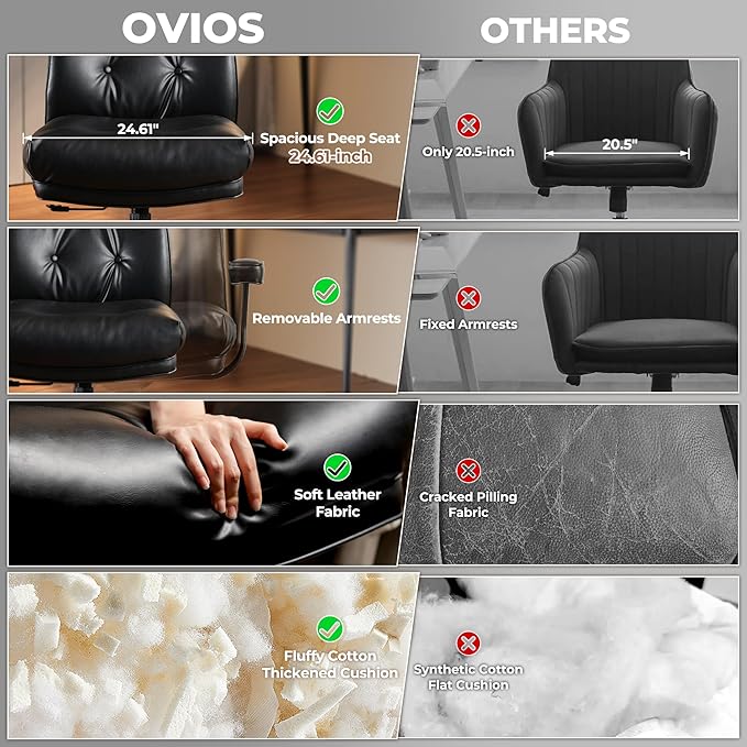 ovios Ergonomic Home Office Chair, Mid-Century Modern Faux Leather Chairs with Thickened Cushions, Comfy High Back Swivel Rolling Executive Computer Armchair (Black, PU Leather)-DeskLoop Office