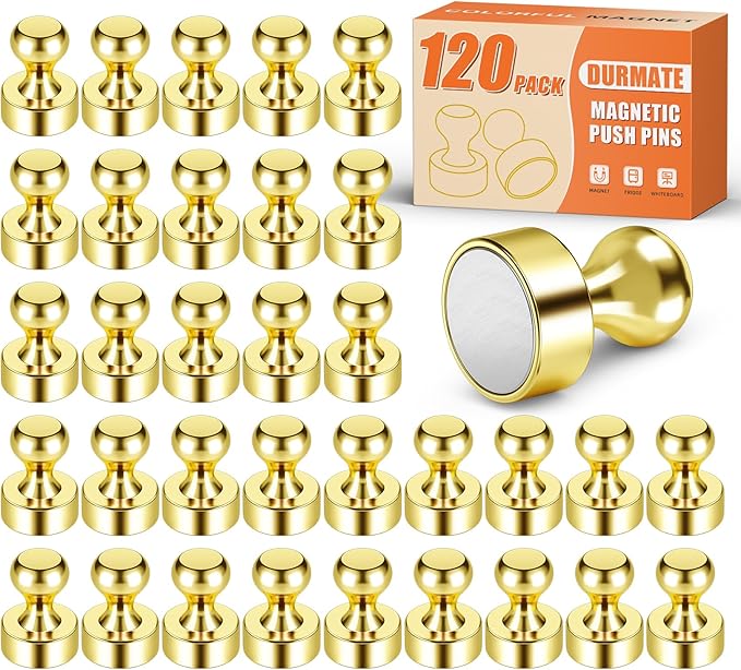 Magnetic Push Pins, Small Cute Fridge Magnets, Gold Strong Magnets for Whiteboard, Magnetic Clips for Refrigerator, Locker, Office Accessories, Kitchen Accessories, Pack of 120-DeskLoop Office