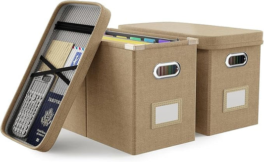 Oterri Hanging Filing File Box with Mesh Pocket, File Organizer Box with Lid, Collapsible Document Organizer Box for Letter Size, Easy Slide Durable Storage Box for Office/Decor/Home (2 PCS, Khaki)-DeskLoop Office