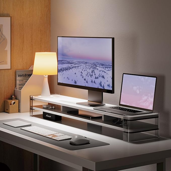 Fenge Acrylic Monitor Stand Riser, Clear Dual Acrylic Computer Monitor Stand for 2 Monitors, 2 Tier Wood Office Desk Storage Organizer for Laptop, Computer, TV Stand-DeskLoop Office