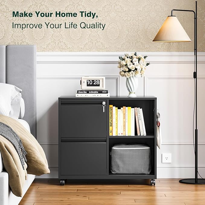 Mobile Lateral File Cabinet,2 Drawer Filing Cabinet with Lock fits A4/F4 or Letter Size for Home Office,Metal Rolling Printer Stand with Open Storage Adjustable Shelves(Black)-DeskLoop Office