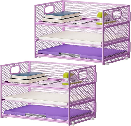 Marbrasse 3 Tier Paper Organizer Letter Tray, Mesh File Organizer with Handle, Paper Sorter Desk Organizer for Home Office Supplies - 2p Purple-DeskLoop Office