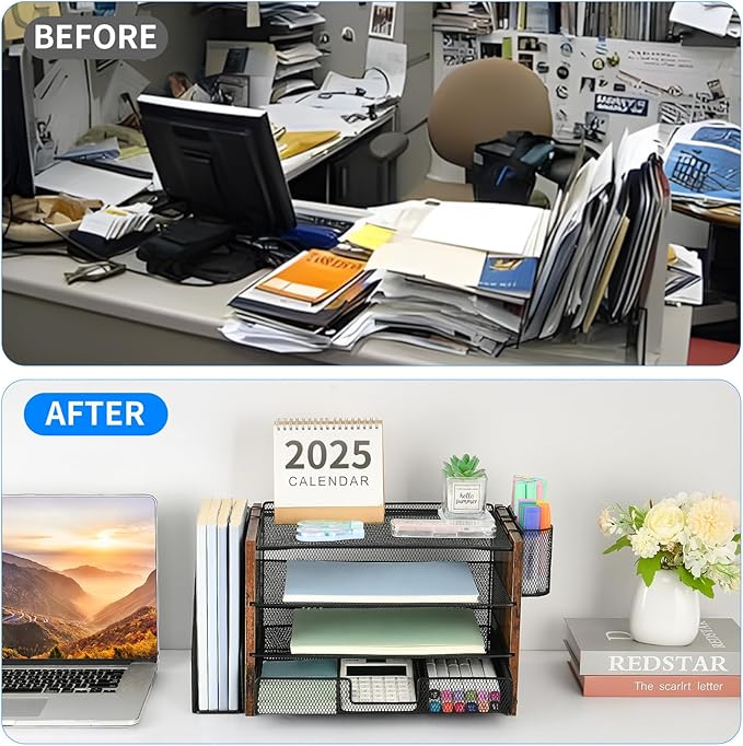 Desk Organizer and Accessories, 4-Tier Desktop File Organizer with Drawer and 2 Pen Holders, Office Desk Accessories for Office Supplies(Wood)-DeskLoop Office