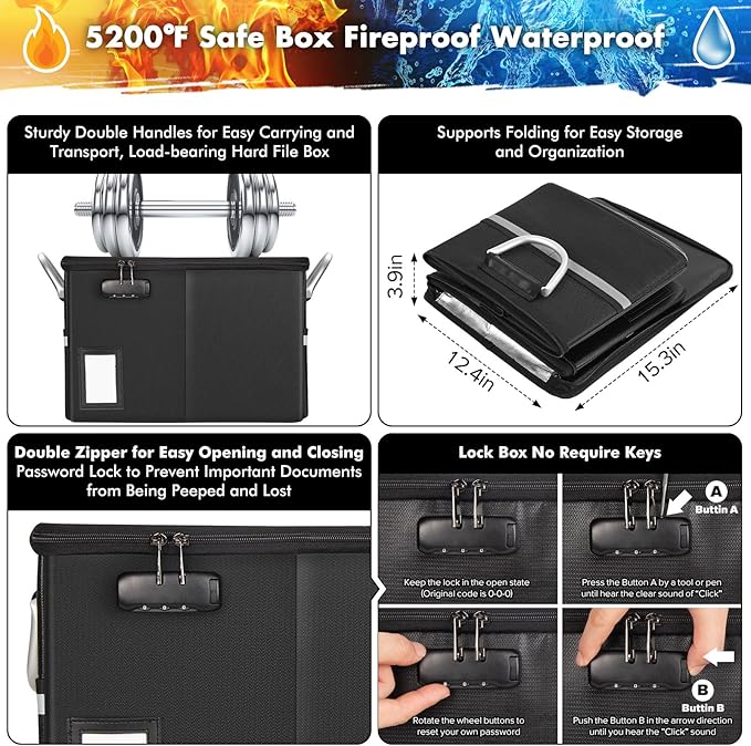 TOMKID 5200°F Fireproof Document Box, Fire Important Document Organizer with Lock, Upgraded Heat Insulated Filing Storage Cabinet Office Organization (5200°F Fireproof Box, Black)-DeskLoop Office