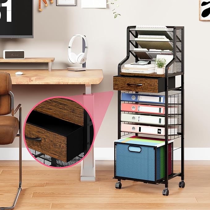 SWTYMIKI 10-Tier Rolling File Cart - Mesh Paper Organizer with Drawer and Hanging File Folders on Lockable Wheels, Wood Teacher Cart for Office Organization, Storage in Home, Studio, School, Espresso-DeskLoop Office