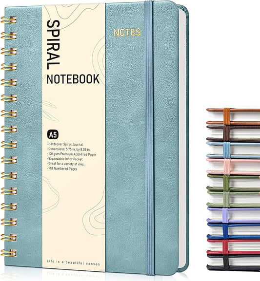 Graph Spiral Journal Notebook, A5 Hardcover Spiral Journals for Women Men, 100 GSM Graph Paper Notebooks, 150 Pages Spiral Bound Grid Notebook for Writing Note Taking Work 5.75" x 8.38", Misty Blue-DeskLoop Office