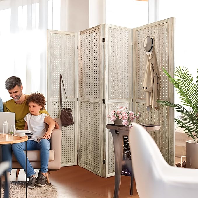 Room Divider, 5.6FT Folding Room Divider Panel, 4 Panel Pegboard Display Wood Partition Wall Divider for Room Separation& Craft Shows, Natural Wood-DeskLoop Office