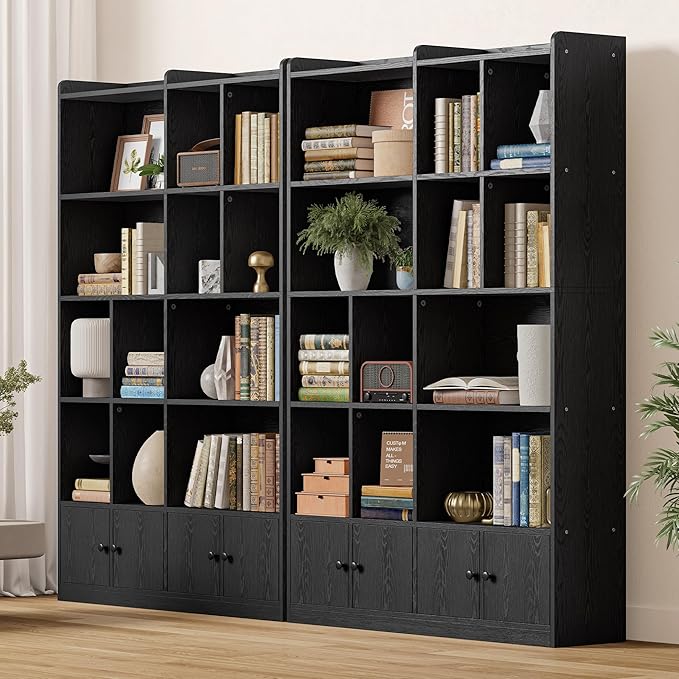 IRONCK Bookshelves and Bookcase, 6 Tiers Large Bookshelf with 4 Doors, Floor Standing Tall Display Storage Shelves for Home Office, Living Room, Bedroom, Black-DeskLoop Office