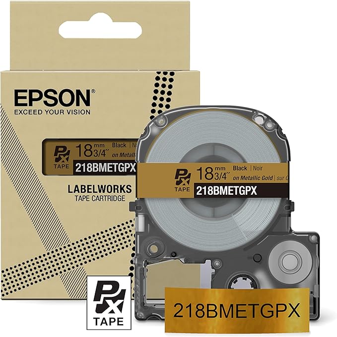 Epson LABELWORKS 218BMETGPX Genuine PET (Polyester) Tape Cartridge - Black on Metallic Gold Designer Craft Label Maker Tape - 3/4" (18MM) Wide, 30'-DeskLoop Office