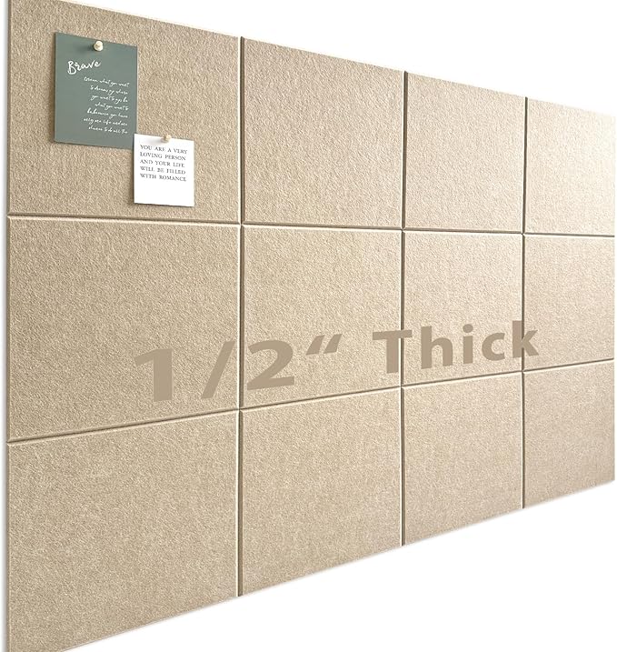 Large Cork Board for Office Wall Decor,48"x36"-12 Pack Felt Wall Tiles with Safe Removable Adhesive Tabs, 1/2" Thick, Felt Bulletin Board Pin Board Cork Boards for Walls - Tan-DeskLoop Office